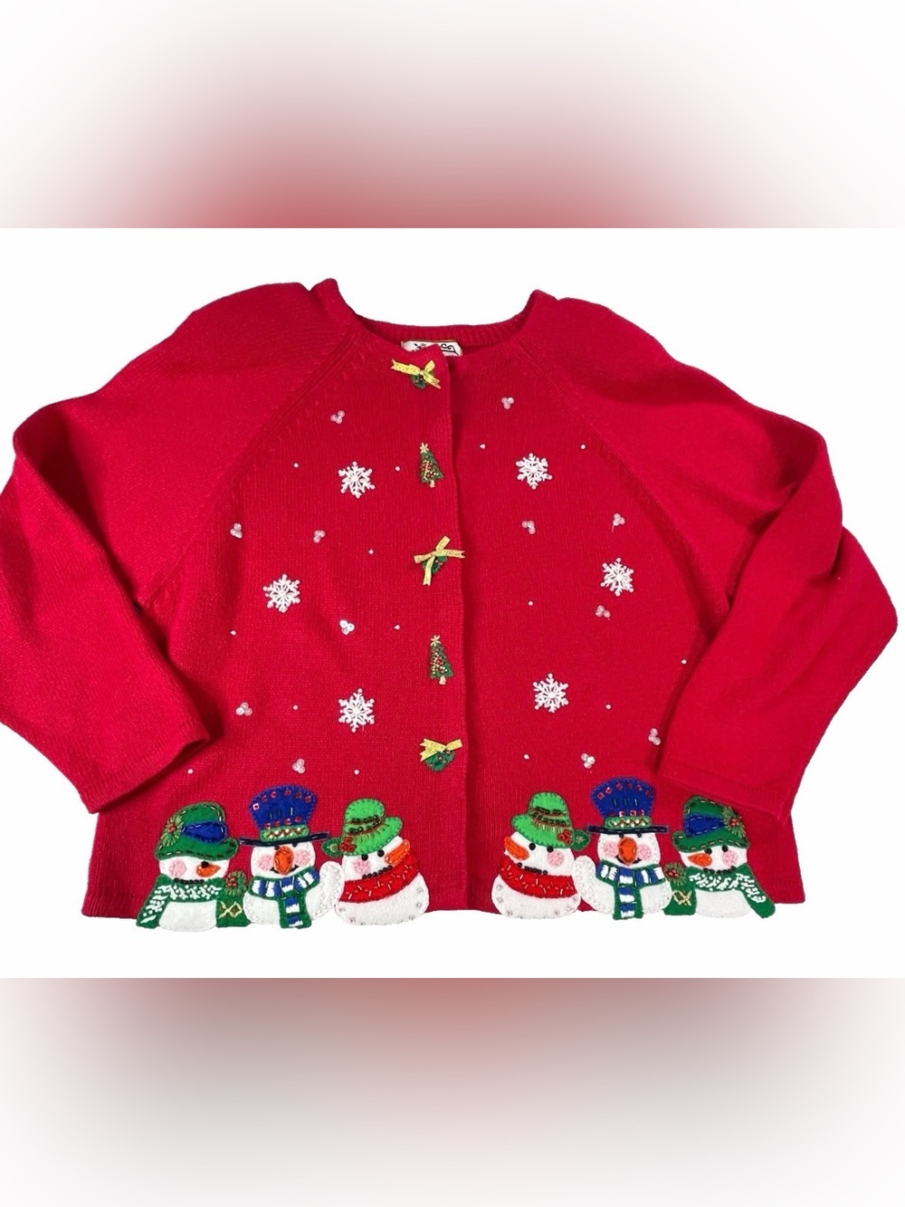 Vintage Women's XL Red Christmas Cardigan Sweater Snowman-Y2K Cottagecore